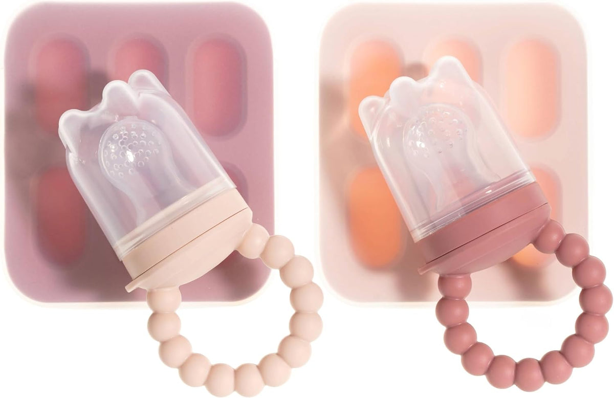 Silicone Baby Fruit Feeders with Freezer Tray for Batch Prep, Set of 2 – Safe & Convenient, Includes Extra Pouches & Travel Lids, Dishwasher Safe