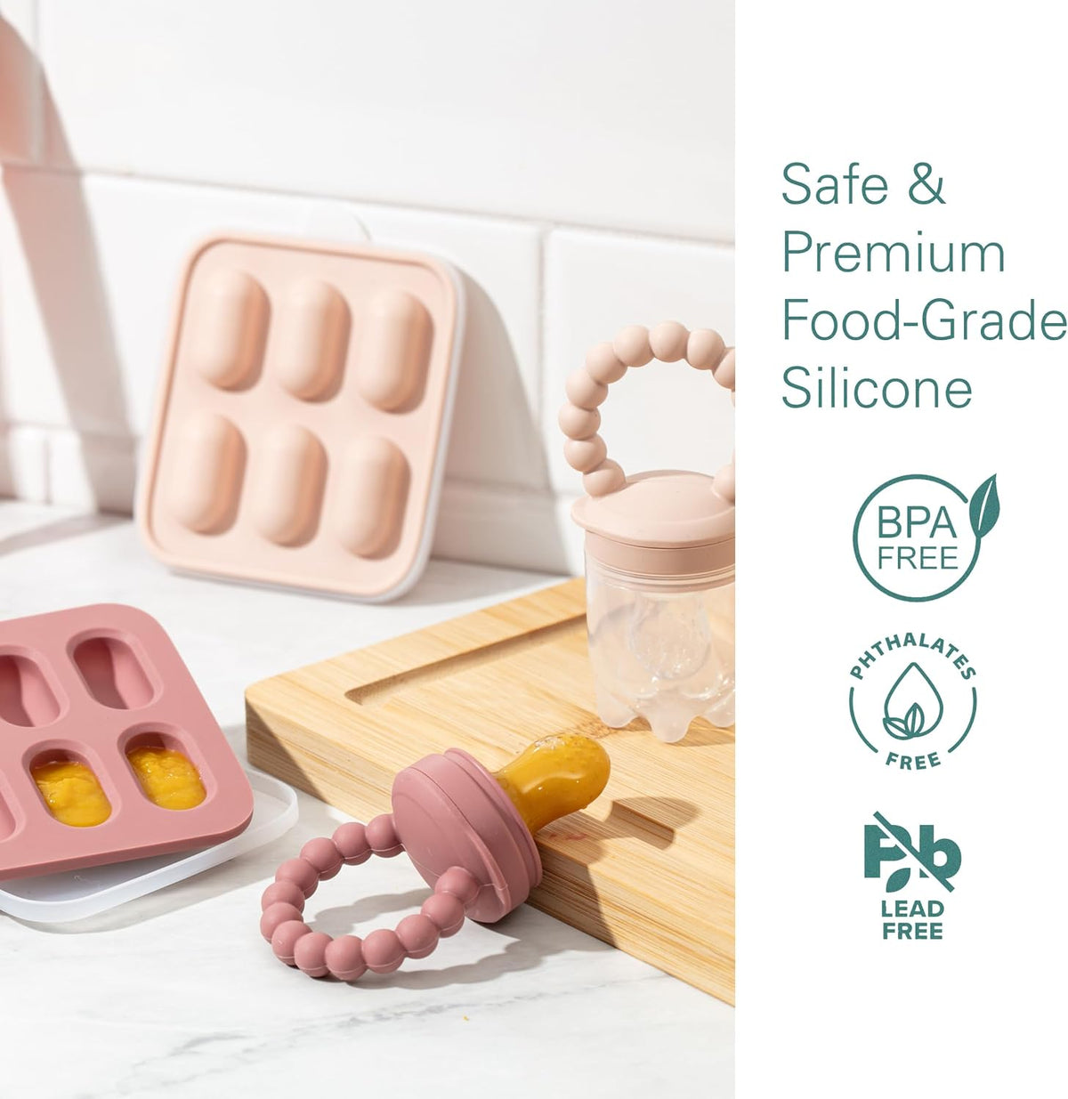 Silicone Baby Fruit Feeders with Freezer Tray for Batch Prep, Set of 2 – Safe & Convenient, Includes Extra Pouches & Travel Lids, Dishwasher Safe