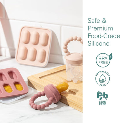 Silicone Baby Fruit Feeders with Freezer Tray for Batch Prep, Set of 2 – Safe & Convenient, Includes Extra Pouches & Travel Lids, Dishwasher Safe