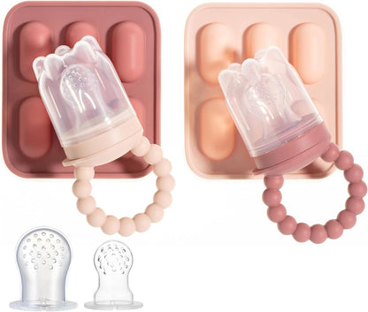 Silicone Baby Fruit Feeders with Freezer Tray for Batch Prep, Set of 2 – Safe & Convenient, Includes Extra Pouches & Travel Lids, Dishwasher Safe