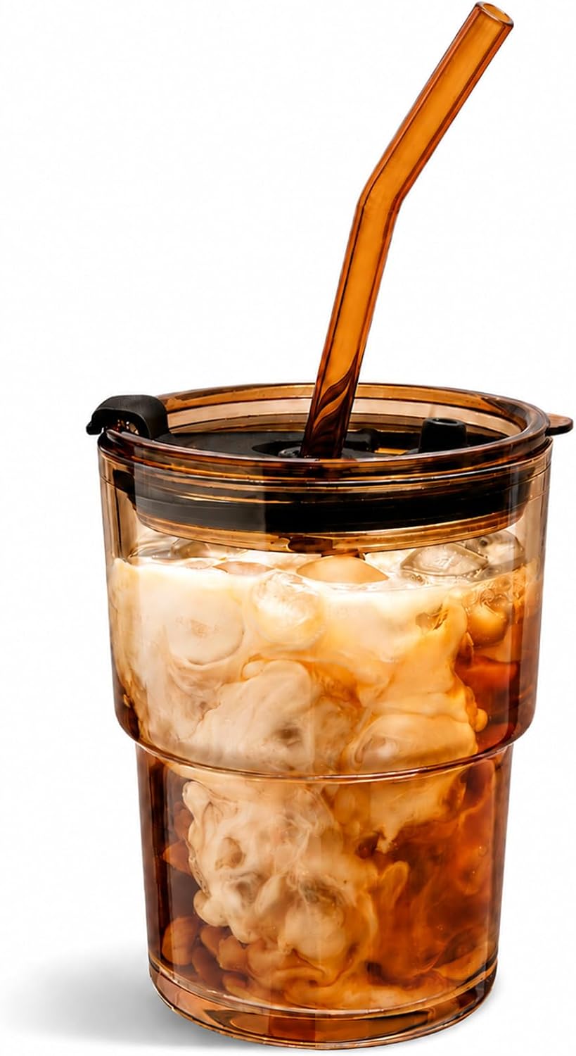 13oz Glass Tumbler with Straw and Lid, Reusable Iced Coffee Cup, Thick Glass Cups for Water, Matcha, Iced Tea, Amber