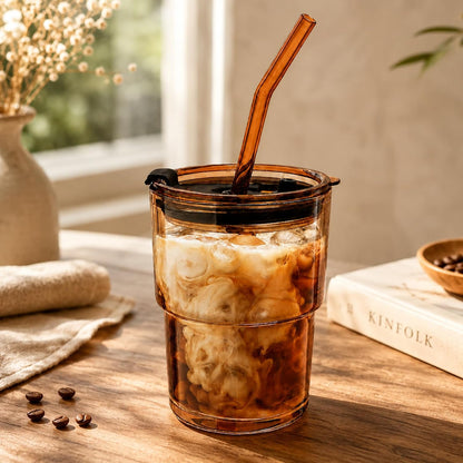 13oz Glass Tumbler with Straw and Lid, Reusable Iced Coffee Cup, Thick Glass Cups for Water, Matcha, Iced Tea, Amber