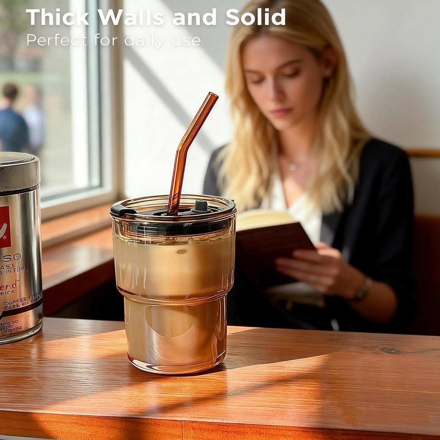 13oz Glass Tumbler with Straw and Lid, Reusable Iced Coffee Cup, Thick Glass Cups for Water, Matcha, Iced Tea, Amber