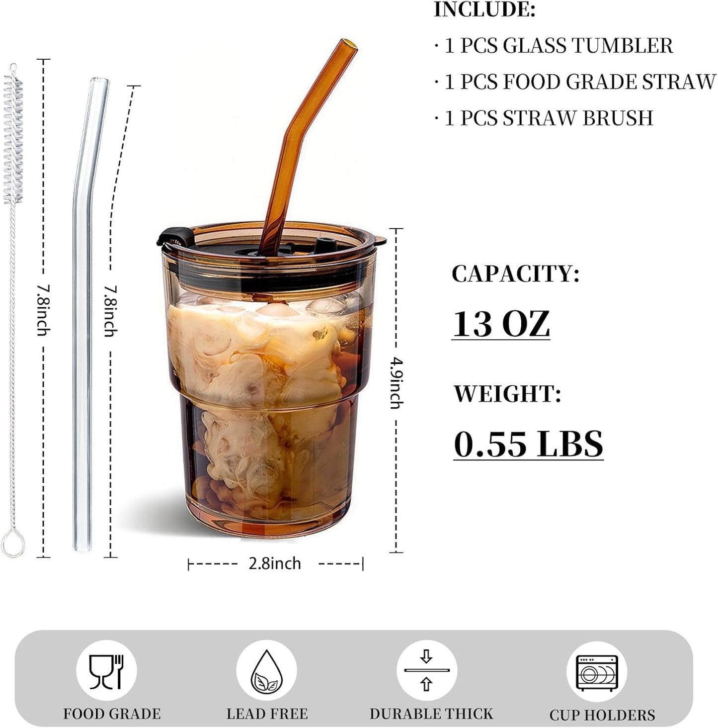 13oz Glass Tumbler with Straw and Lid, Reusable Iced Coffee Cup, Thick Glass Cups for Water, Matcha, Iced Tea, Amber