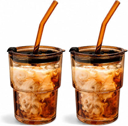 13oz Glass Tumbler with Straw and Lid, Reusable Iced Coffee Cup, Thick Glass Cups for Water, Matcha, Iced Tea, Amber