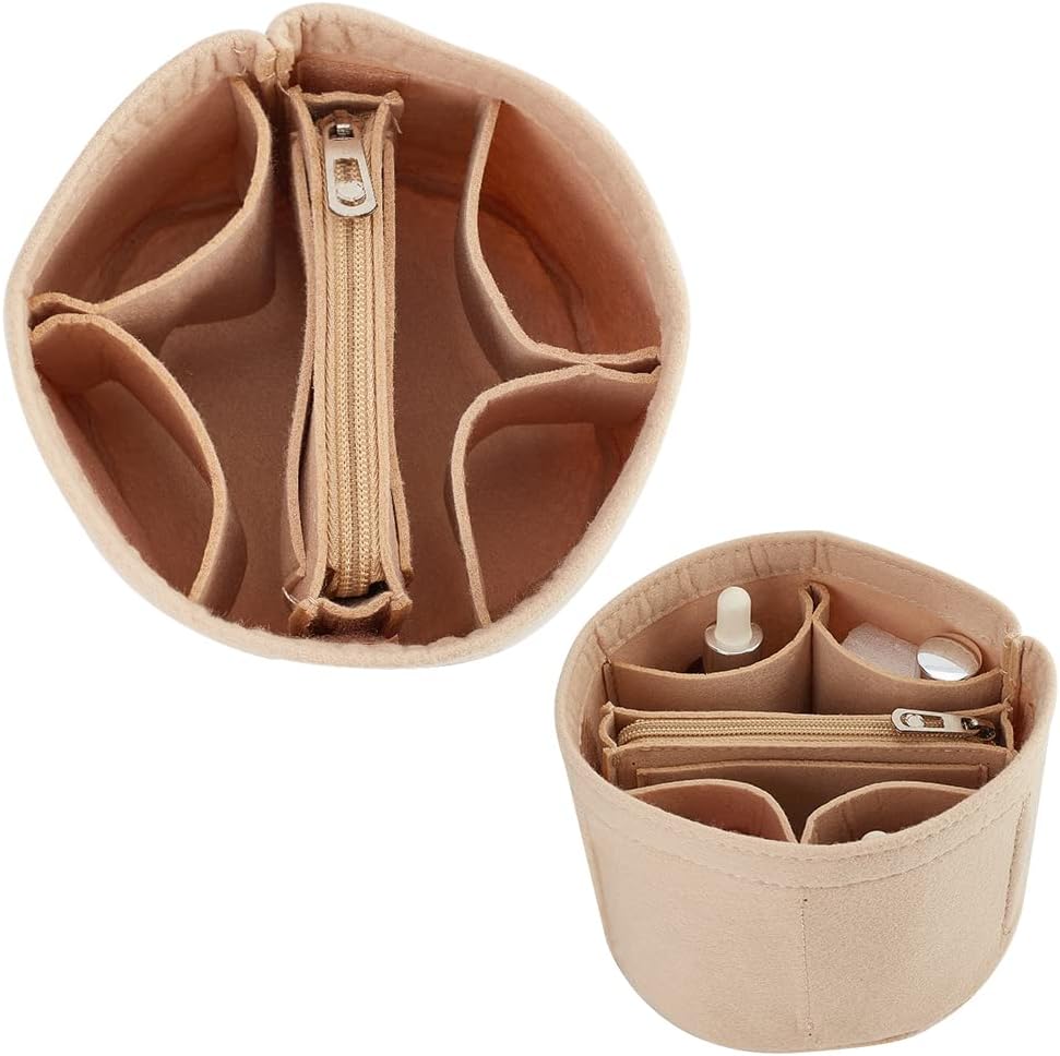 Small Felt Purse Organizer Insert, Handbag Insert Liner for LV Cannes Round Bucket Bag Organizer Barrel Bags Interior Inserts Accessories for Bucket Makeup Bag, 5.11x4.65 In, Beige