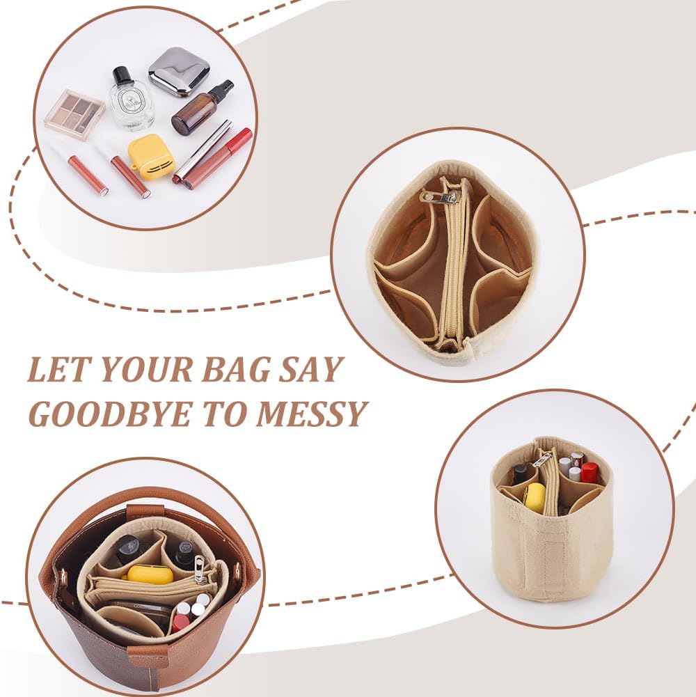 Small Felt Purse Organizer Insert, Handbag Insert Liner for LV Cannes Round Bucket Bag Organizer Barrel Bags Interior Inserts Accessories for Bucket Makeup Bag, 5.11x4.65 In, Beige
