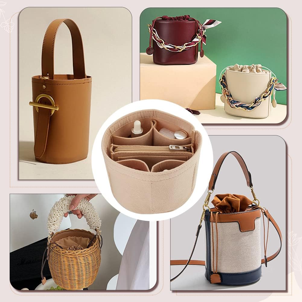Small Felt Purse Organizer Insert, Handbag Insert Liner for LV Cannes Round Bucket Bag Organizer Barrel Bags Interior Inserts Accessories for Bucket Makeup Bag, 5.11x4.65 In, Beige