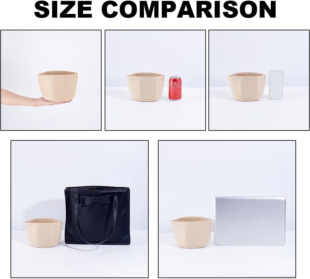 Small Felt Purse Organizer Insert, Handbag Insert Liner for LV Cannes Round Bucket Bag Organizer Barrel Bags Interior Inserts Accessories for Bucket Makeup Bag, 5.11x4.65 In, Beige