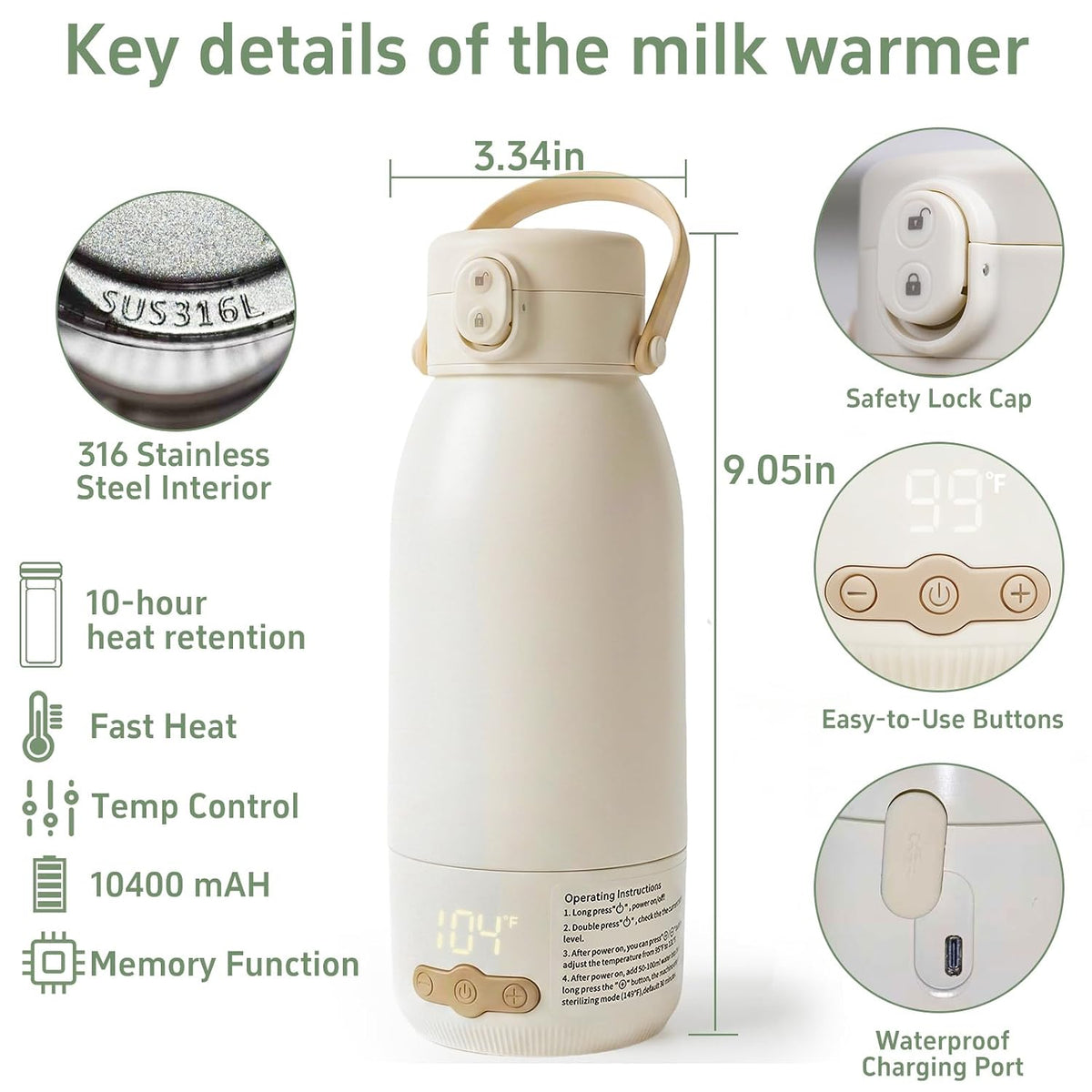 Portable Bottle Warmer for Travel, Fast Heating Milk Warmer On The Go,Temp Control 95°F -131°F,17 OZ Water Warmer for Breast Milk,Long-Lasting Keep Warm Function