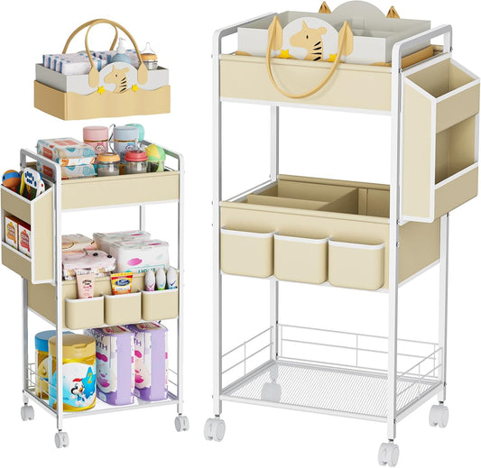 2In1 Baby Diaper Caddy & 3-Tier Rolling Diaper Cart, Diaper Caddy Organizer with Dividers & Pockets, Mobile Metal Utility Cart for Baby Essentials, Bedroom, Kitchen & Office