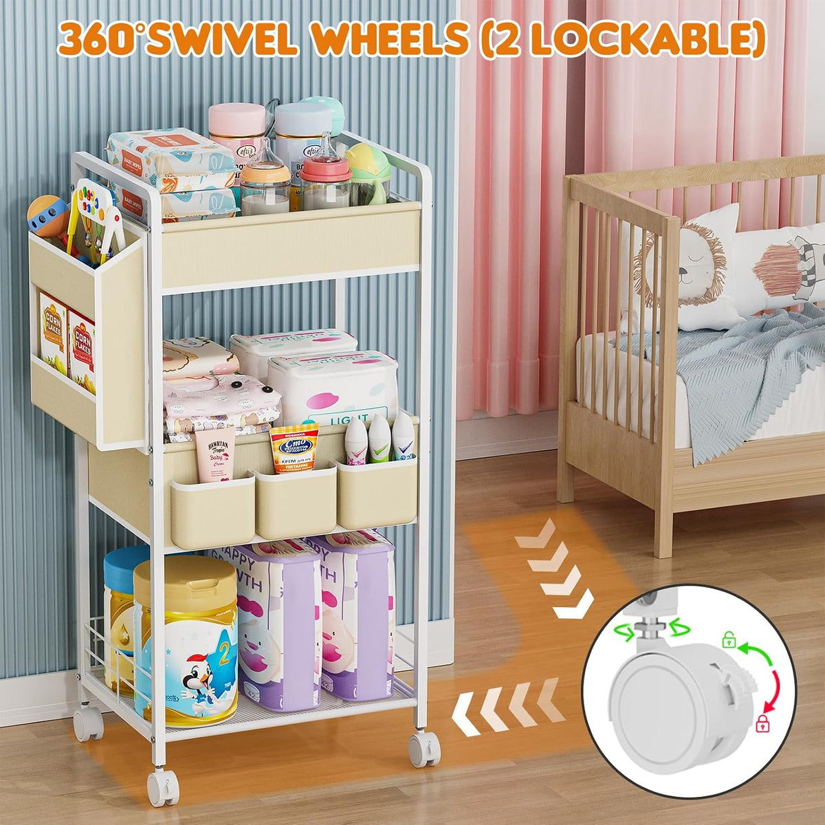 2In1 Baby Diaper Caddy & 3-Tier Rolling Diaper Cart, Diaper Caddy Organizer with Dividers & Pockets, Mobile Metal Utility Cart for Baby Essentials, Bedroom, Kitchen & Office