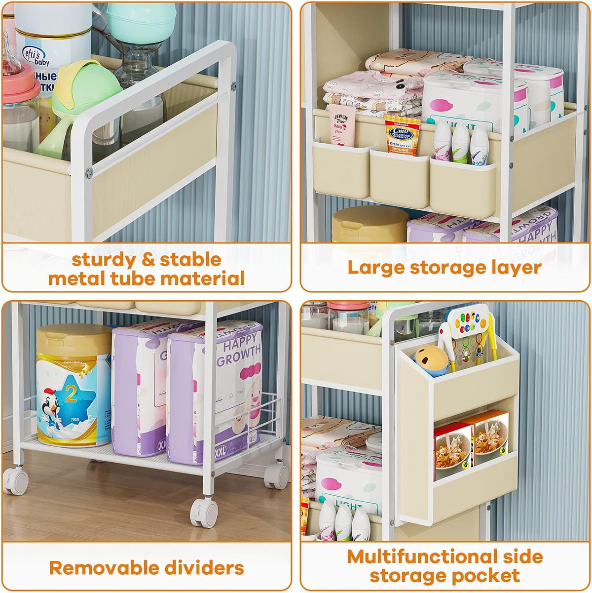 2In1 Baby Diaper Caddy & 3-Tier Rolling Diaper Cart, Diaper Caddy Organizer with Dividers & Pockets, Mobile Metal Utility Cart for Baby Essentials, Bedroom, Kitchen & Office