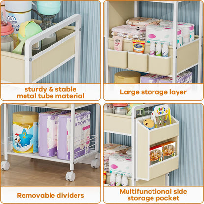 2In1 Baby Diaper Caddy & 3-Tier Rolling Diaper Cart, Diaper Caddy Organizer with Dividers & Pockets, Mobile Metal Utility Cart for Baby Essentials, Bedroom, Kitchen & Office