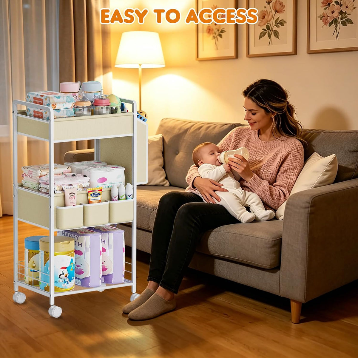 2In1 Baby Diaper Caddy & 3-Tier Rolling Diaper Cart, Diaper Caddy Organizer with Dividers & Pockets, Mobile Metal Utility Cart for Baby Essentials, Bedroom, Kitchen & Office
