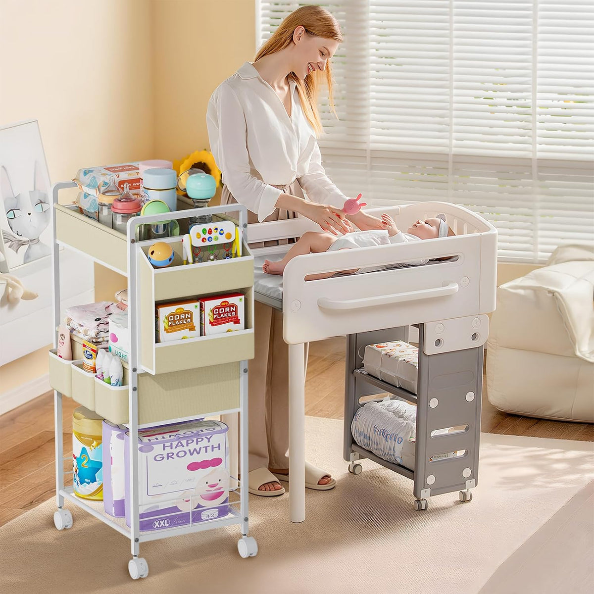 2In1 Baby Diaper Caddy & 3-Tier Rolling Diaper Cart, Diaper Caddy Organizer with Dividers & Pockets, Mobile Metal Utility Cart for Baby Essentials, Bedroom, Kitchen & Office