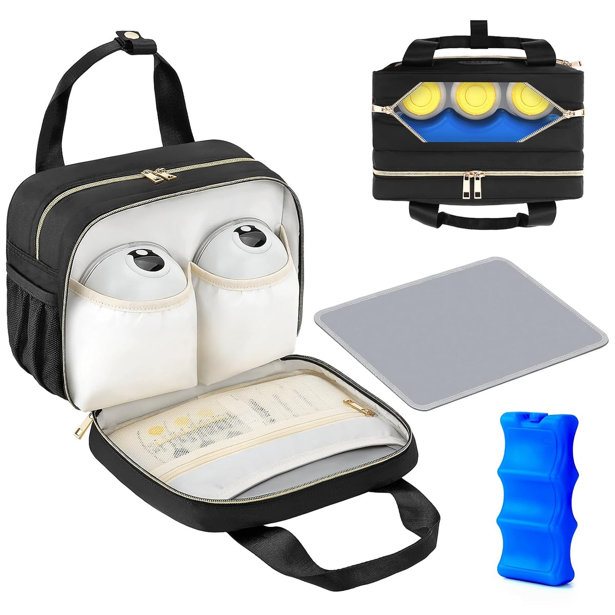 Breastmilk Cooler Travel Bag with Ice Pack, Compatible with Wearable Breast Pumps & Accessories - Portable Hands Free Breast Pump Carrying Case for Nursing & Working Moms, Black