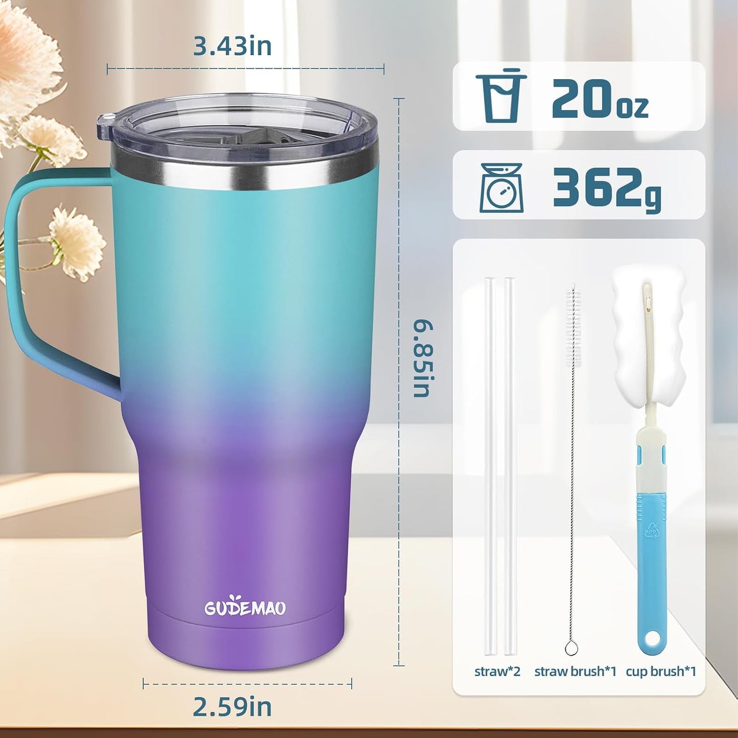 20 oz Insulated Coffee Mug with Ceramic Coating, Stainless Steel Travel Mug Tumbler with Handle Lid and Straw, Double Wall Leak-Proof Coffee Travel Mug Keeps Drink Hot and Cold (Black)