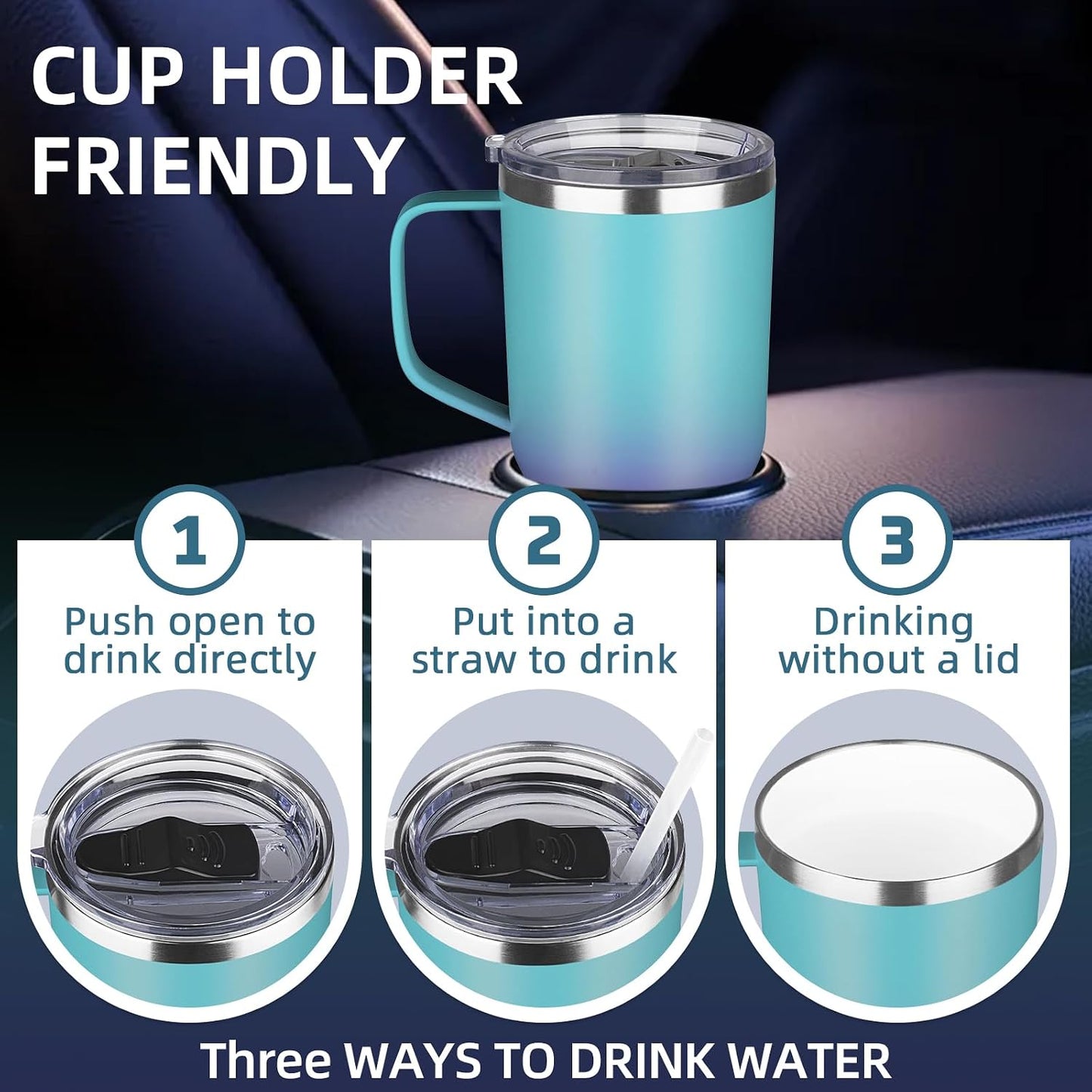 20 oz Insulated Coffee Mug with Ceramic Coating, Stainless Steel Travel Mug Tumbler with Handle Lid and Straw, Double Wall Leak-Proof Coffee Travel Mug Keeps Drink Hot and Cold (Black)