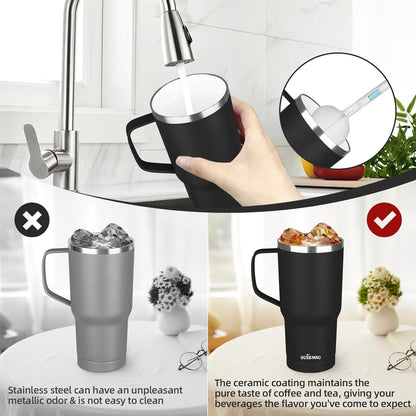 20 oz Insulated Coffee Mug with Ceramic Coating, Stainless Steel Travel Mug Tumbler with Handle Lid and Straw, Double Wall Leak-Proof Coffee Travel Mug Keeps Drink Hot and Cold (Black)