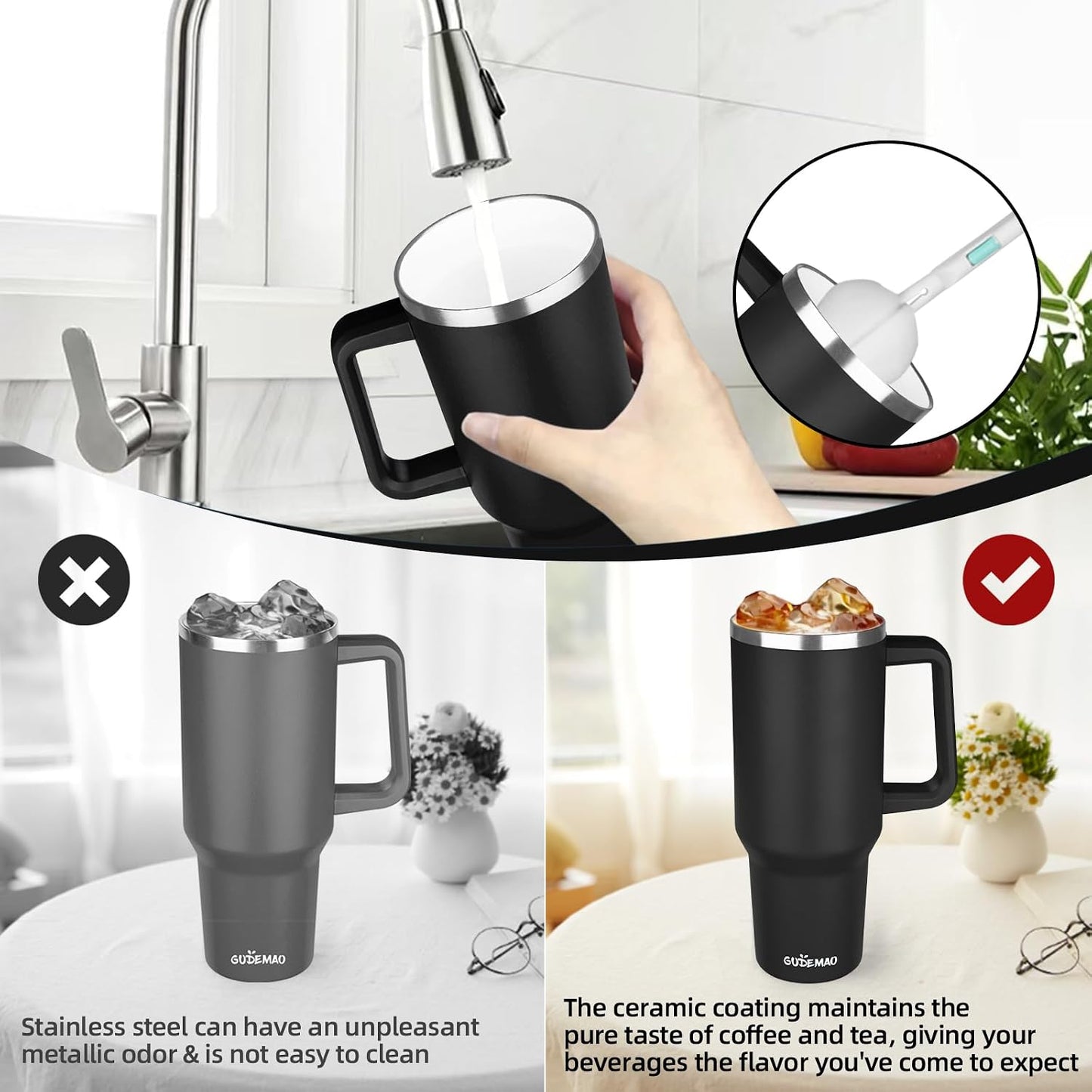 20 oz Insulated Coffee Mug with Ceramic Coating, Stainless Steel Travel Mug Tumbler with Handle Lid and Straw, Double Wall Leak-Proof Coffee Travel Mug Keeps Drink Hot and Cold (Black)