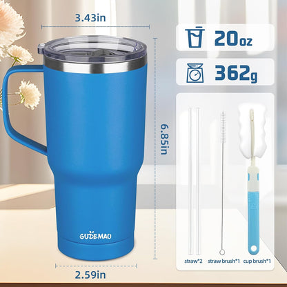 20 oz Insulated Coffee Mug with Ceramic Coating, Stainless Steel Travel Mug Tumbler with Handle Lid and Straw, Double Wall Leak-Proof Coffee Travel Mug Keeps Drink Hot and Cold (Black)
