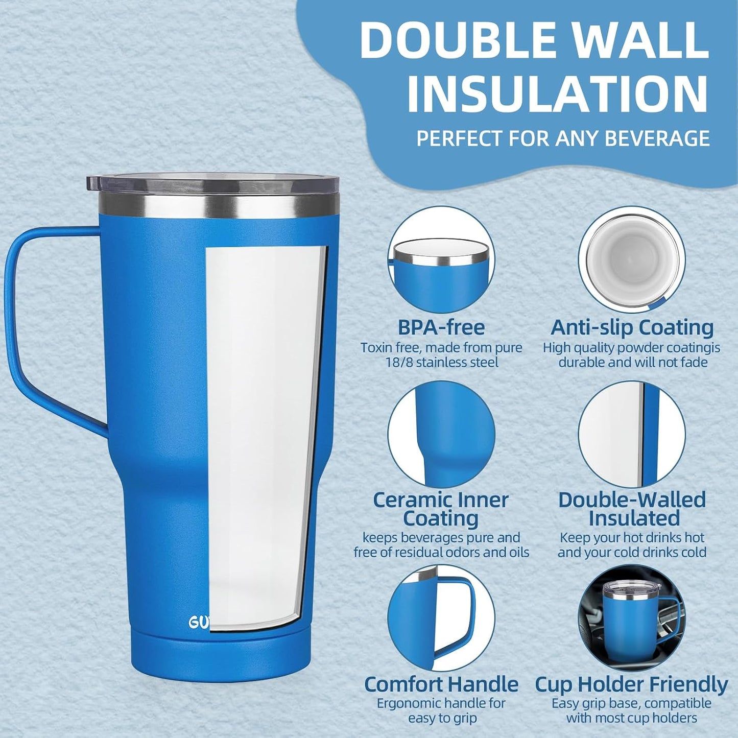 20 oz Insulated Coffee Mug with Ceramic Coating, Stainless Steel Travel Mug Tumbler with Handle Lid and Straw, Double Wall Leak-Proof Coffee Travel Mug Keeps Drink Hot and Cold (Black)