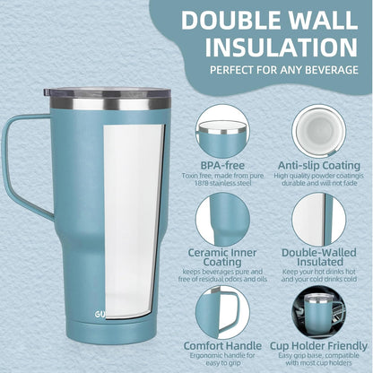 20 oz Insulated Coffee Mug with Ceramic Coating, Stainless Steel Travel Mug Tumbler with Handle Lid and Straw, Double Wall Leak-Proof Coffee Travel Mug Keeps Drink Hot and Cold (Black)