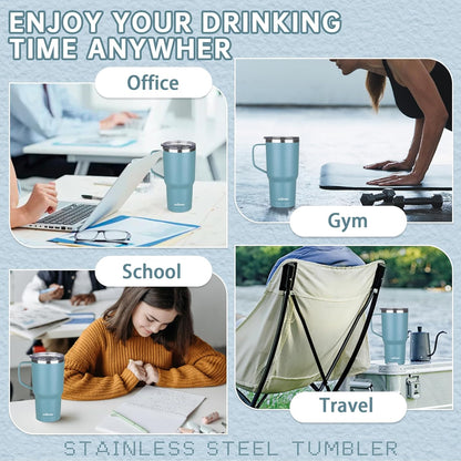 20 oz Insulated Coffee Mug with Ceramic Coating, Stainless Steel Travel Mug Tumbler with Handle Lid and Straw, Double Wall Leak-Proof Coffee Travel Mug Keeps Drink Hot and Cold (Black)