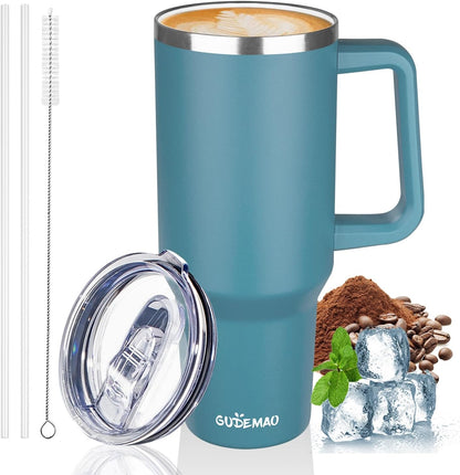 20 oz Insulated Coffee Mug with Ceramic Coating, Stainless Steel Travel Mug Tumbler with Handle Lid and Straw, Double Wall Leak-Proof Coffee Travel Mug Keeps Drink Hot and Cold (Black)