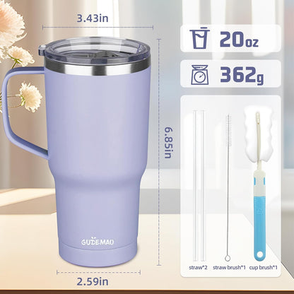 20 oz Insulated Coffee Mug with Ceramic Coating, Stainless Steel Travel Mug Tumbler with Handle Lid and Straw, Double Wall Leak-Proof Coffee Travel Mug Keeps Drink Hot and Cold (Black)
