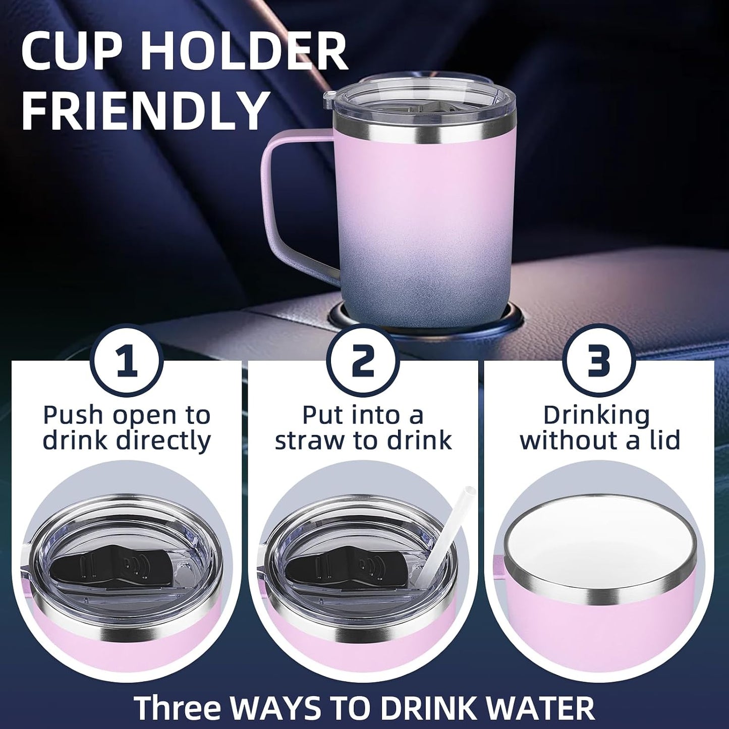 20 oz Insulated Coffee Mug with Ceramic Coating, Stainless Steel Travel Mug Tumbler with Handle Lid and Straw, Double Wall Leak-Proof Coffee Travel Mug Keeps Drink Hot and Cold (Black)