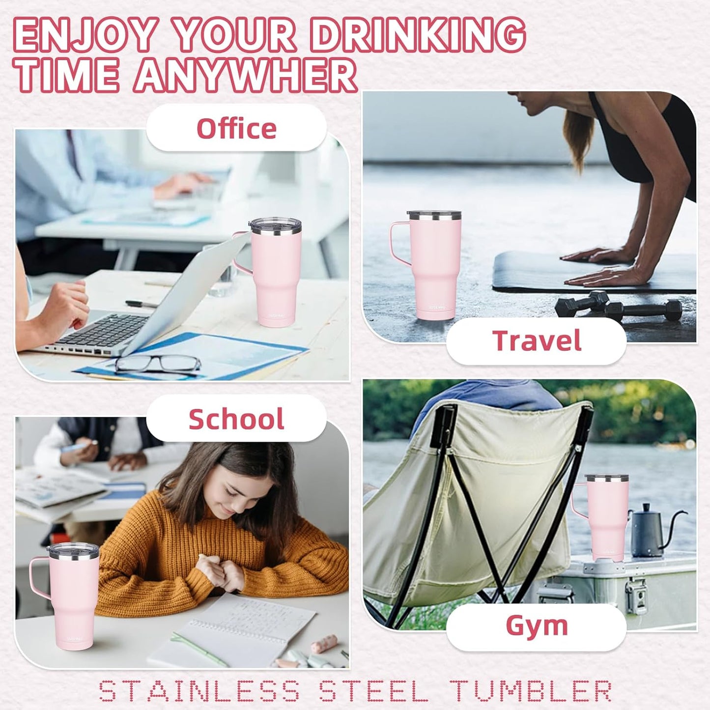 20 oz Insulated Coffee Mug with Ceramic Coating, Stainless Steel Travel Mug Tumbler with Handle Lid and Straw, Double Wall Leak-Proof Coffee Travel Mug Keeps Drink Hot and Cold (Black)
