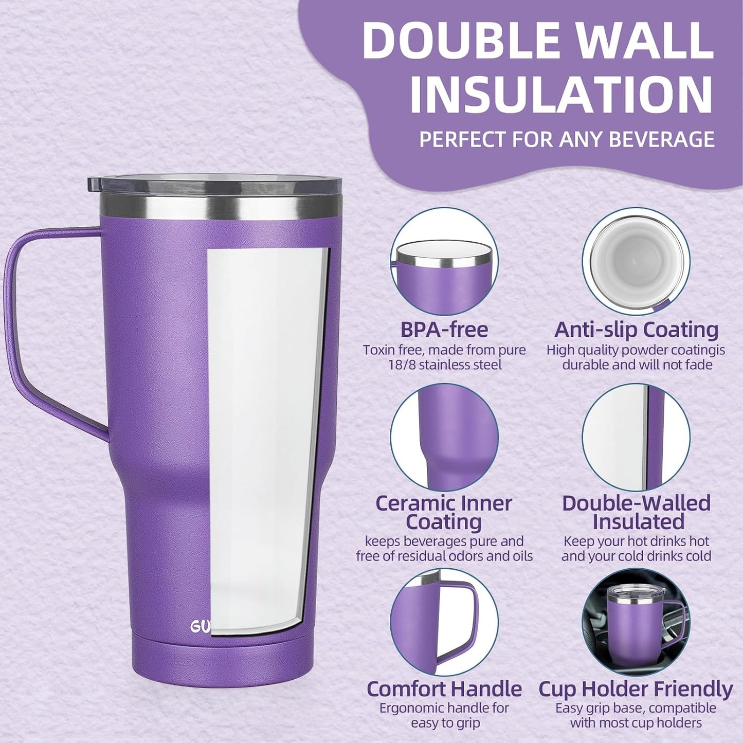 20 oz Insulated Coffee Mug with Ceramic Coating, Stainless Steel Travel Mug Tumbler with Handle Lid and Straw, Double Wall Leak-Proof Coffee Travel Mug Keeps Drink Hot and Cold (Black)