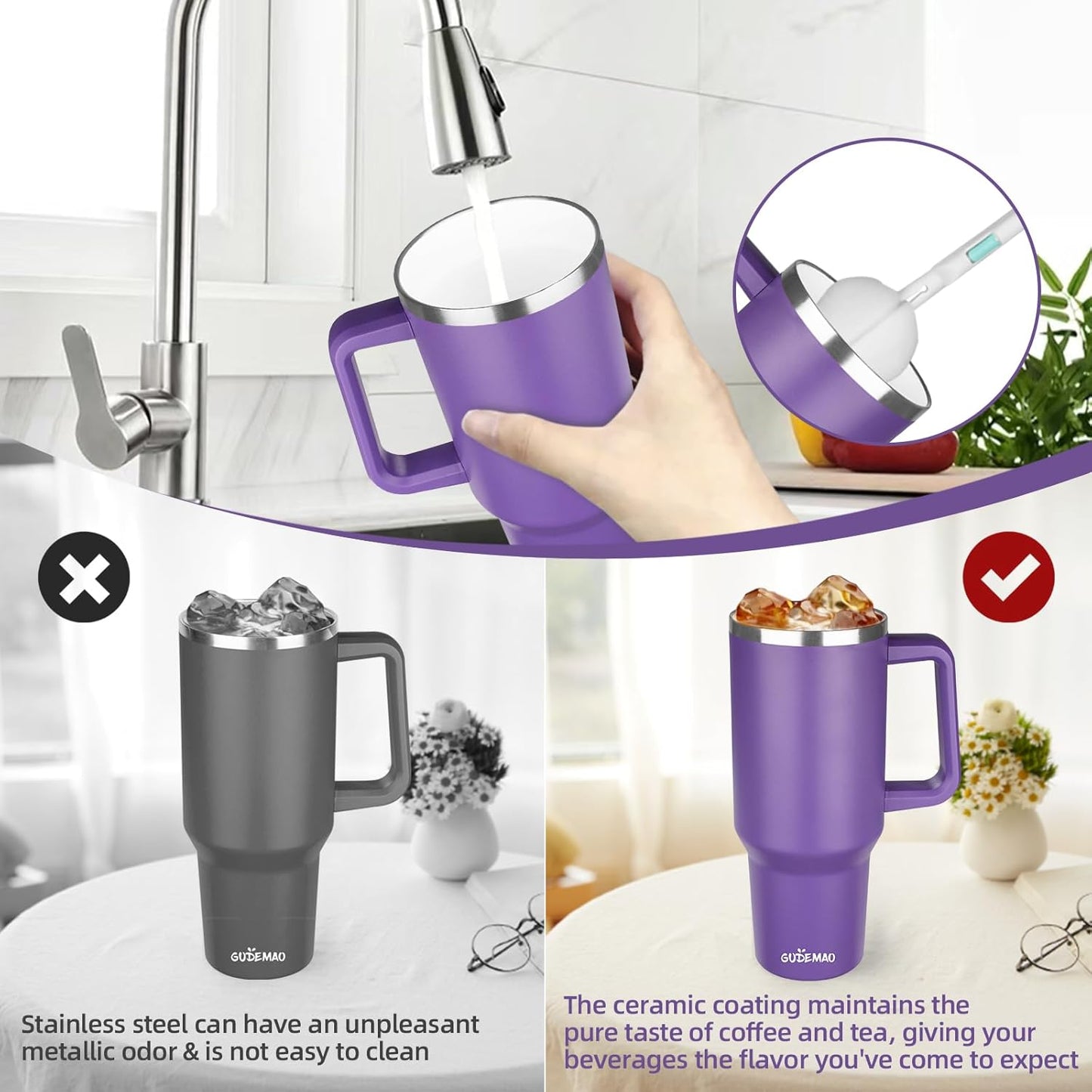 20 oz Insulated Coffee Mug with Ceramic Coating, Stainless Steel Travel Mug Tumbler with Handle Lid and Straw, Double Wall Leak-Proof Coffee Travel Mug Keeps Drink Hot and Cold (Black)