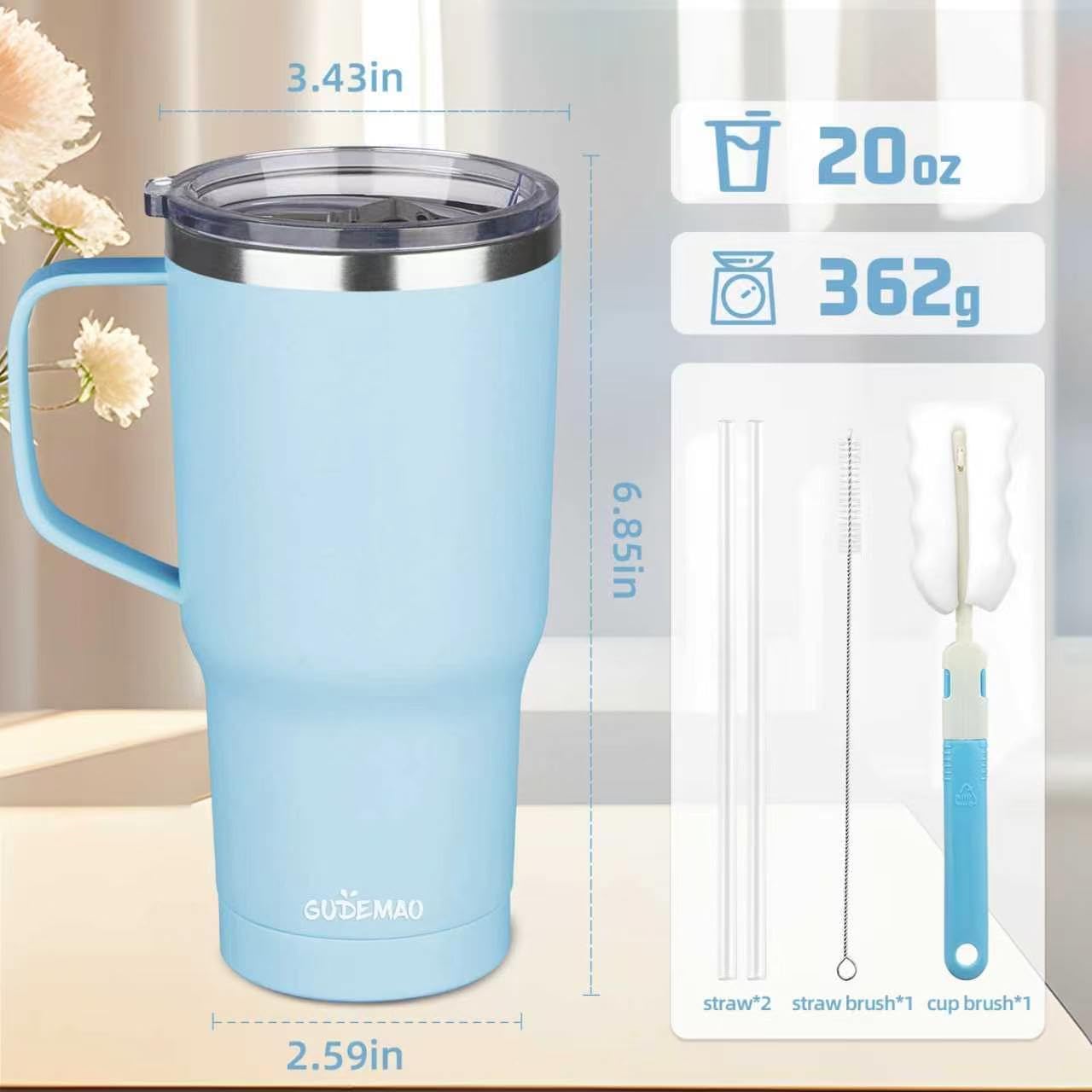 20 oz Insulated Coffee Mug with Ceramic Coating, Stainless Steel Travel Mug Tumbler with Handle Lid and Straw, Double Wall Leak-Proof Coffee Travel Mug Keeps Drink Hot and Cold (Black)