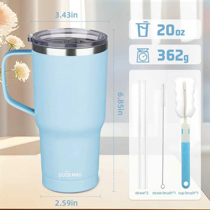 20 oz Insulated Coffee Mug with Ceramic Coating, Stainless Steel Travel Mug Tumbler with Handle Lid and Straw, Double Wall Leak-Proof Coffee Travel Mug Keeps Drink Hot and Cold (Black)