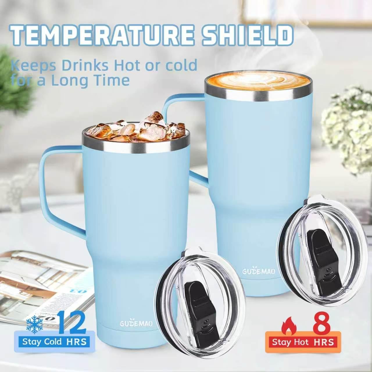 20 oz Insulated Coffee Mug with Ceramic Coating, Stainless Steel Travel Mug Tumbler with Handle Lid and Straw, Double Wall Leak-Proof Coffee Travel Mug Keeps Drink Hot and Cold (Black)