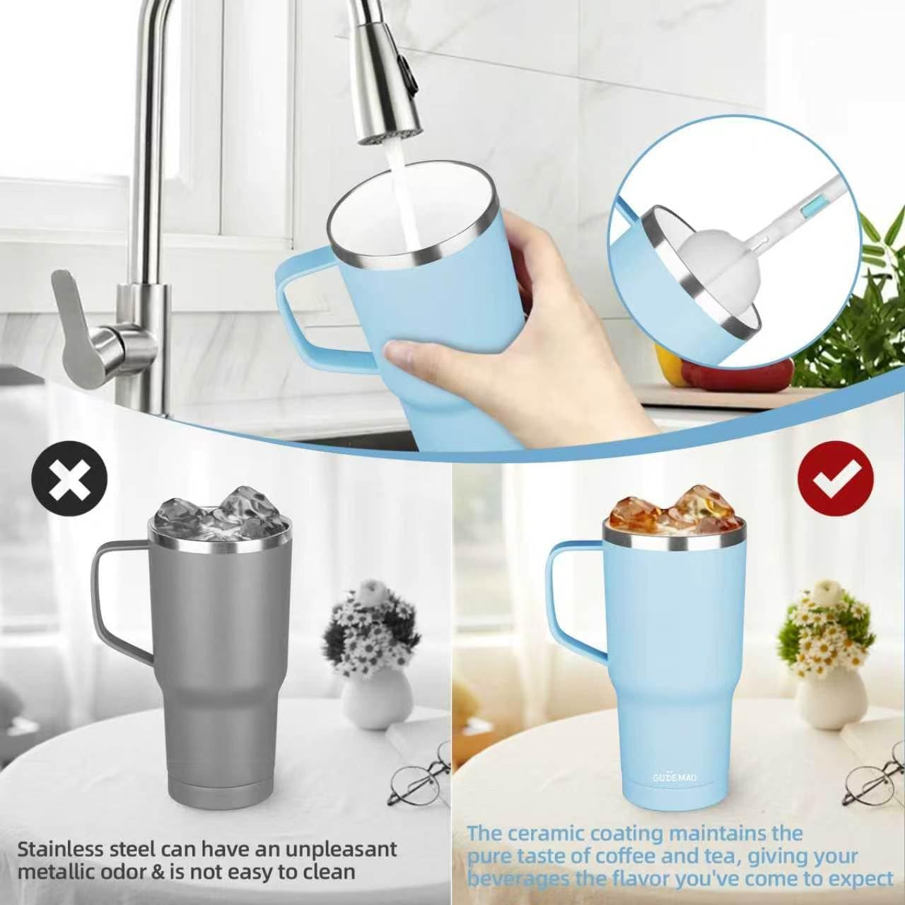 20 oz Insulated Coffee Mug with Ceramic Coating, Stainless Steel Travel Mug Tumbler with Handle Lid and Straw, Double Wall Leak-Proof Coffee Travel Mug Keeps Drink Hot and Cold (Black)