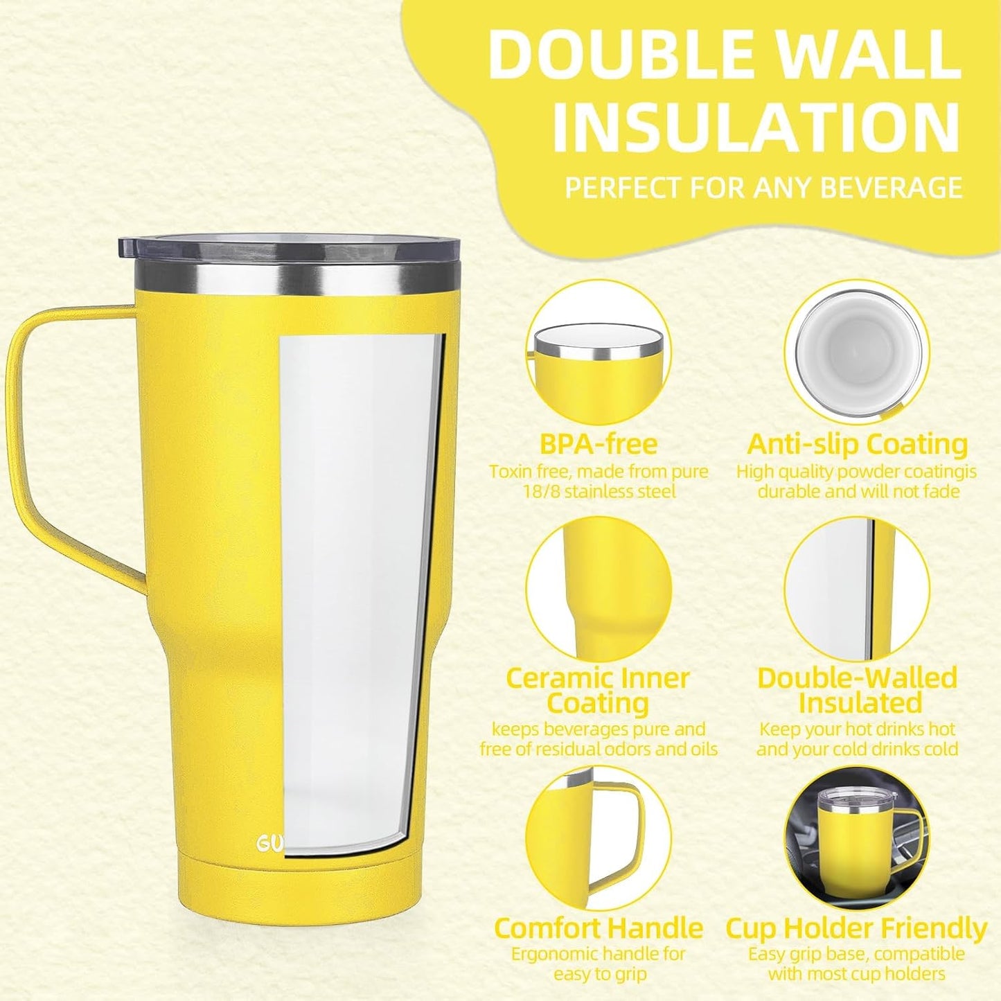 20 oz Insulated Coffee Mug with Ceramic Coating, Stainless Steel Travel Mug Tumbler with Handle Lid and Straw, Double Wall Leak-Proof Coffee Travel Mug Keeps Drink Hot and Cold (Black)