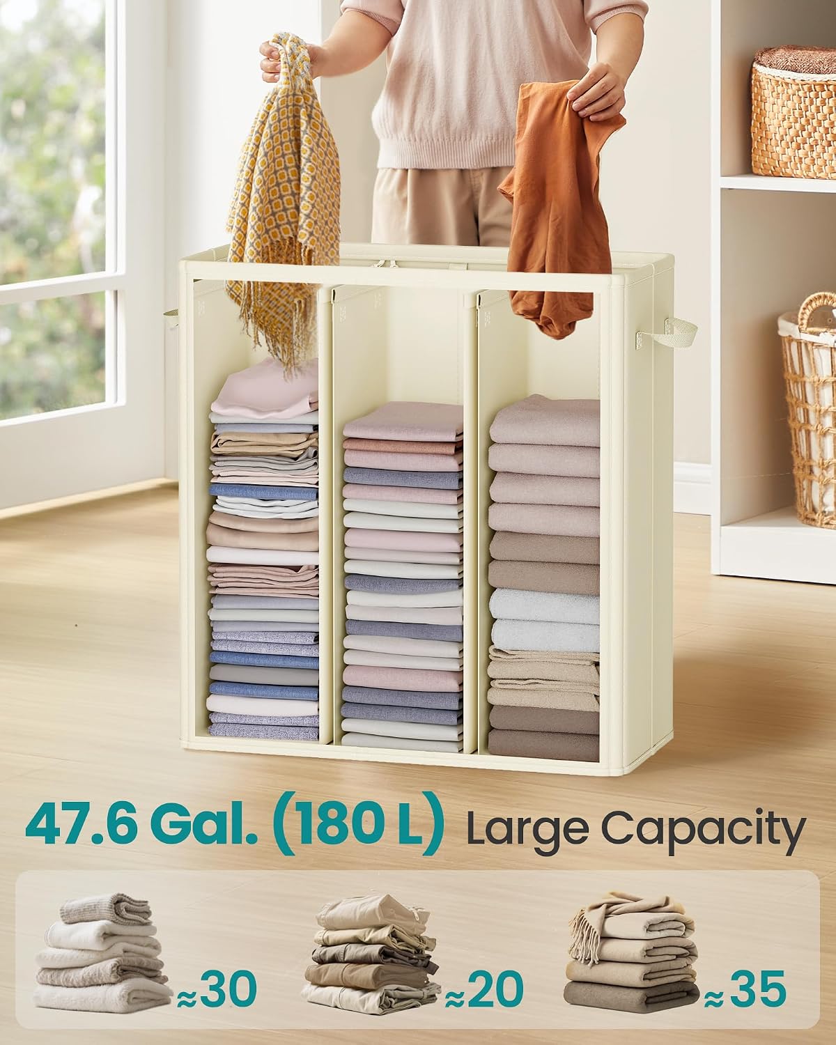 SONGMICS 160L Laundry Hamper, 4-Compartment Laundry Sorter with Lid