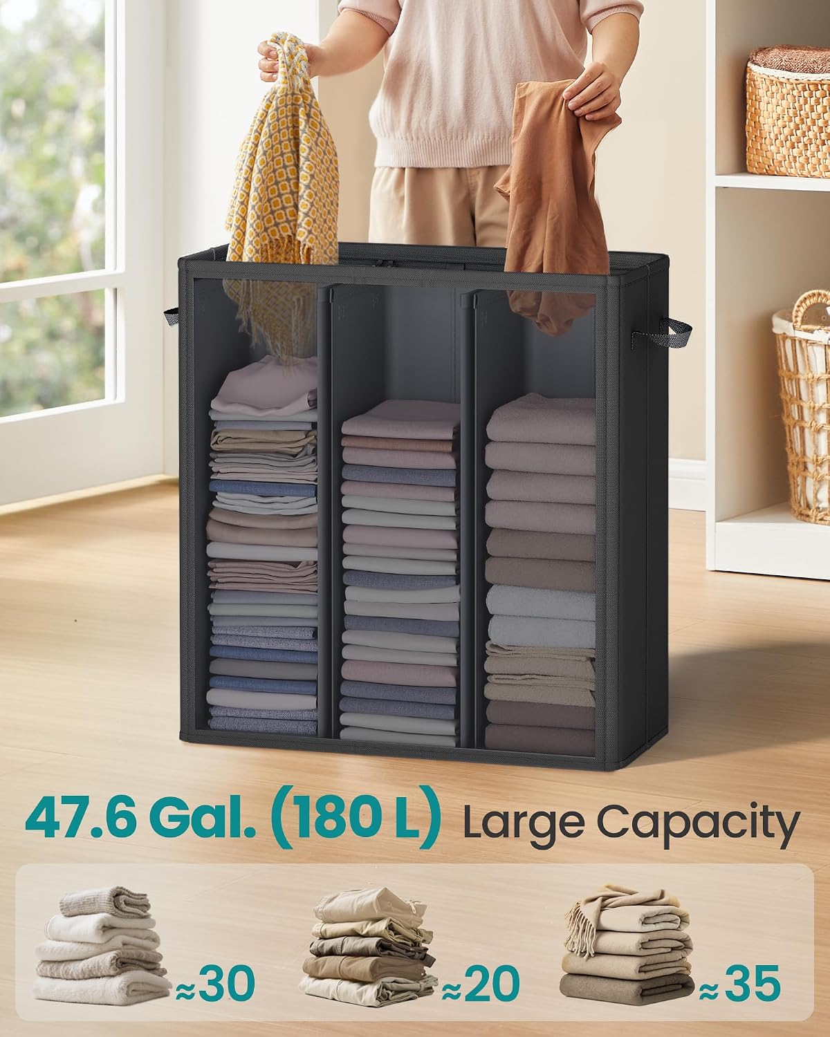 SONGMICS 160L Laundry Hamper, 4-Compartment Laundry Sorter with Lid