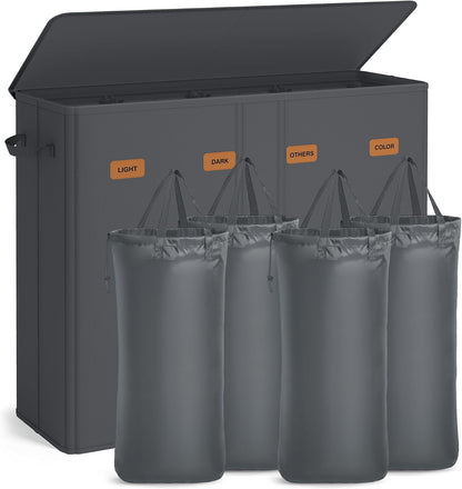 SONGMICS 160L Laundry Hamper, 4-Compartment Laundry Sorter with Lid