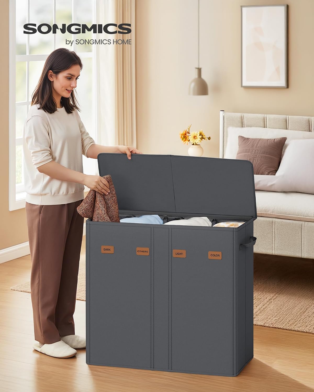 SONGMICS 160L Laundry Hamper, 4-Compartment Laundry Sorter with Lid