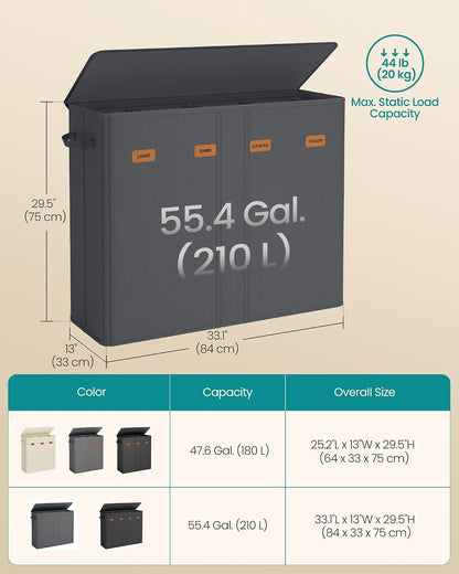 SONGMICS 160L Laundry Hamper, 4-Compartment Laundry Sorter with Lid