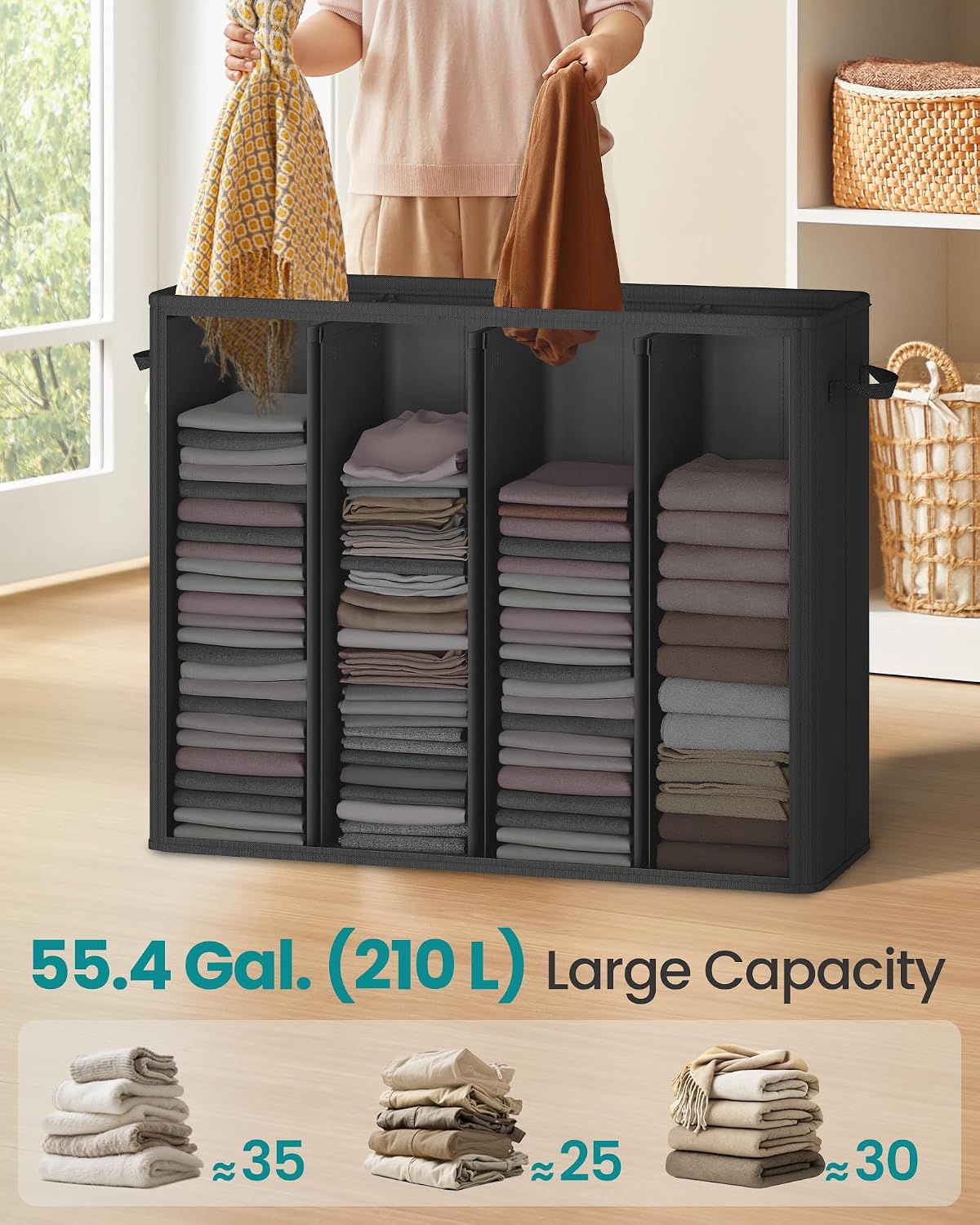 SONGMICS 160L Laundry Hamper, 4-Compartment Laundry Sorter with Lid