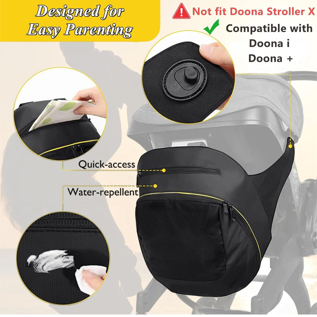 Infant Stroller Clip-On Storage Bag compatible with Doona, Pram Buggy Organizer Bag with Non-Slip Zipper Snap-On Stroller Bag & Large Storage Space, Baby Stroller Pushchair Accessory fit Doona
