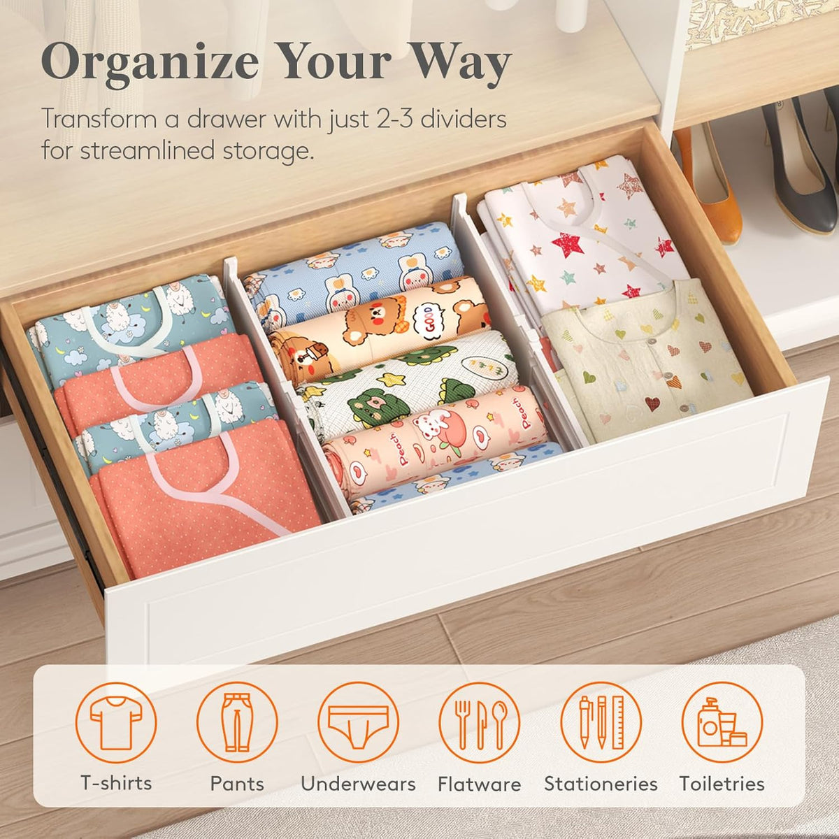 8" Tall Drawer Dividers, Adjustable Deep Drawer Organizer Clothes
