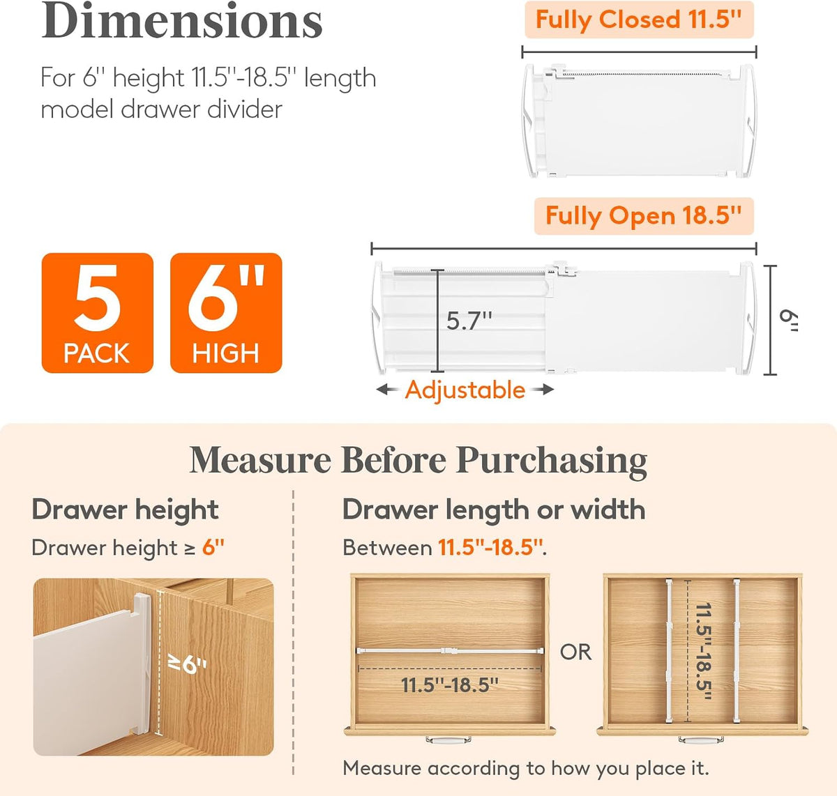 8" Tall Drawer Dividers, Adjustable Deep Drawer Organizer Clothes