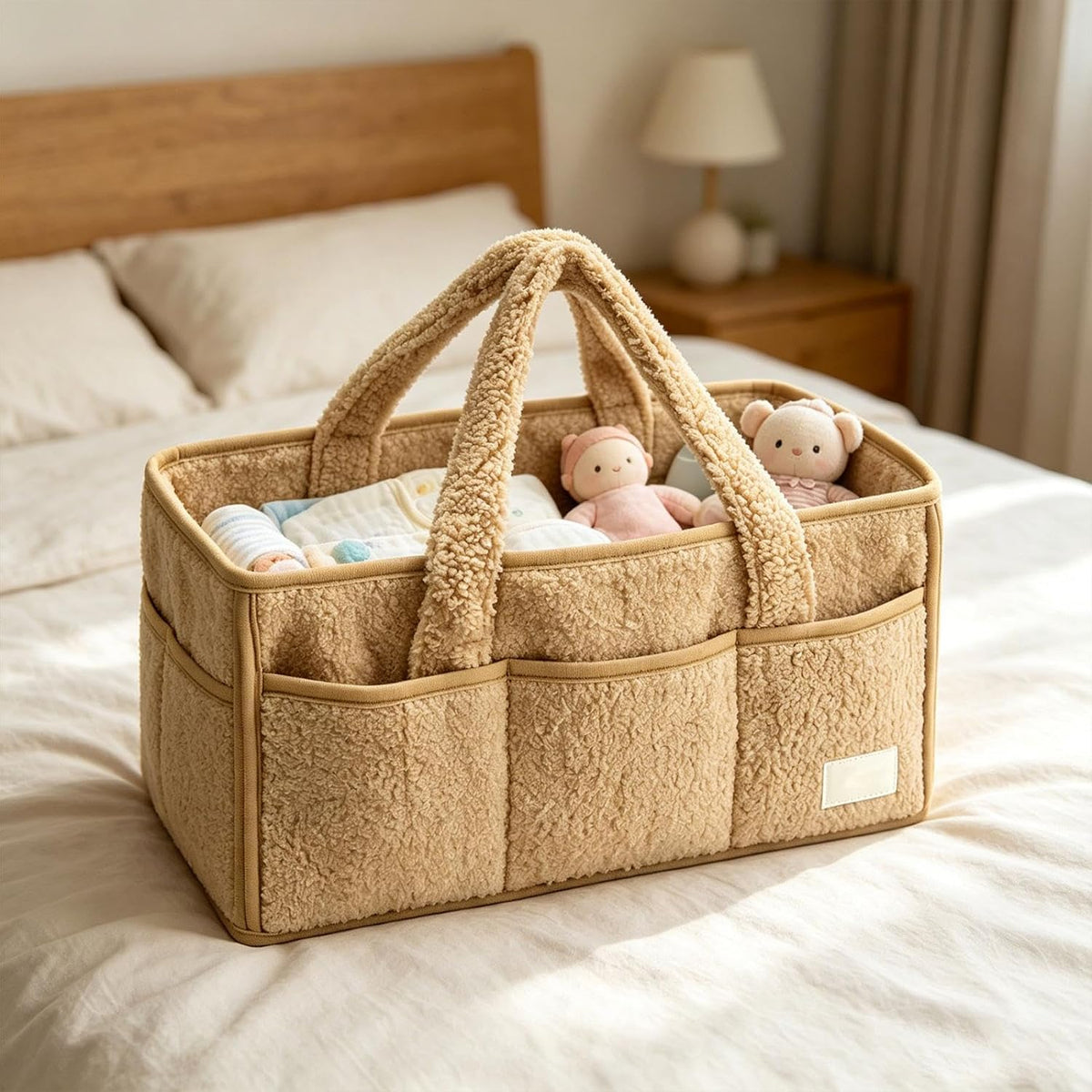 Baby Diaper Caddy Organizer with Handle, Stylish Storage Basket for Newborn Essentials and Diaper Station, Portable Diaper Storage Basket with Removable Dividers, A